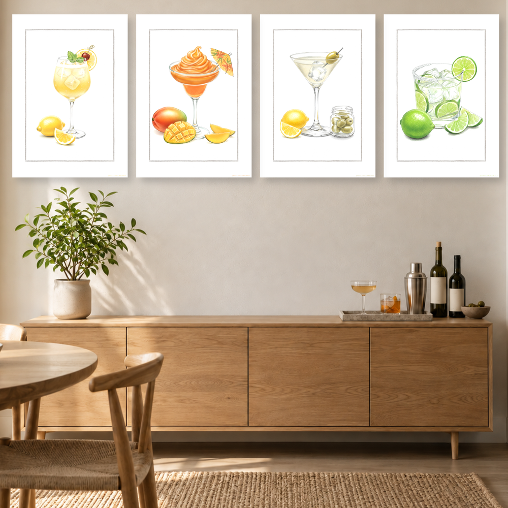 Pósteres de cócteles clásicos con ilustraciones llenas de color