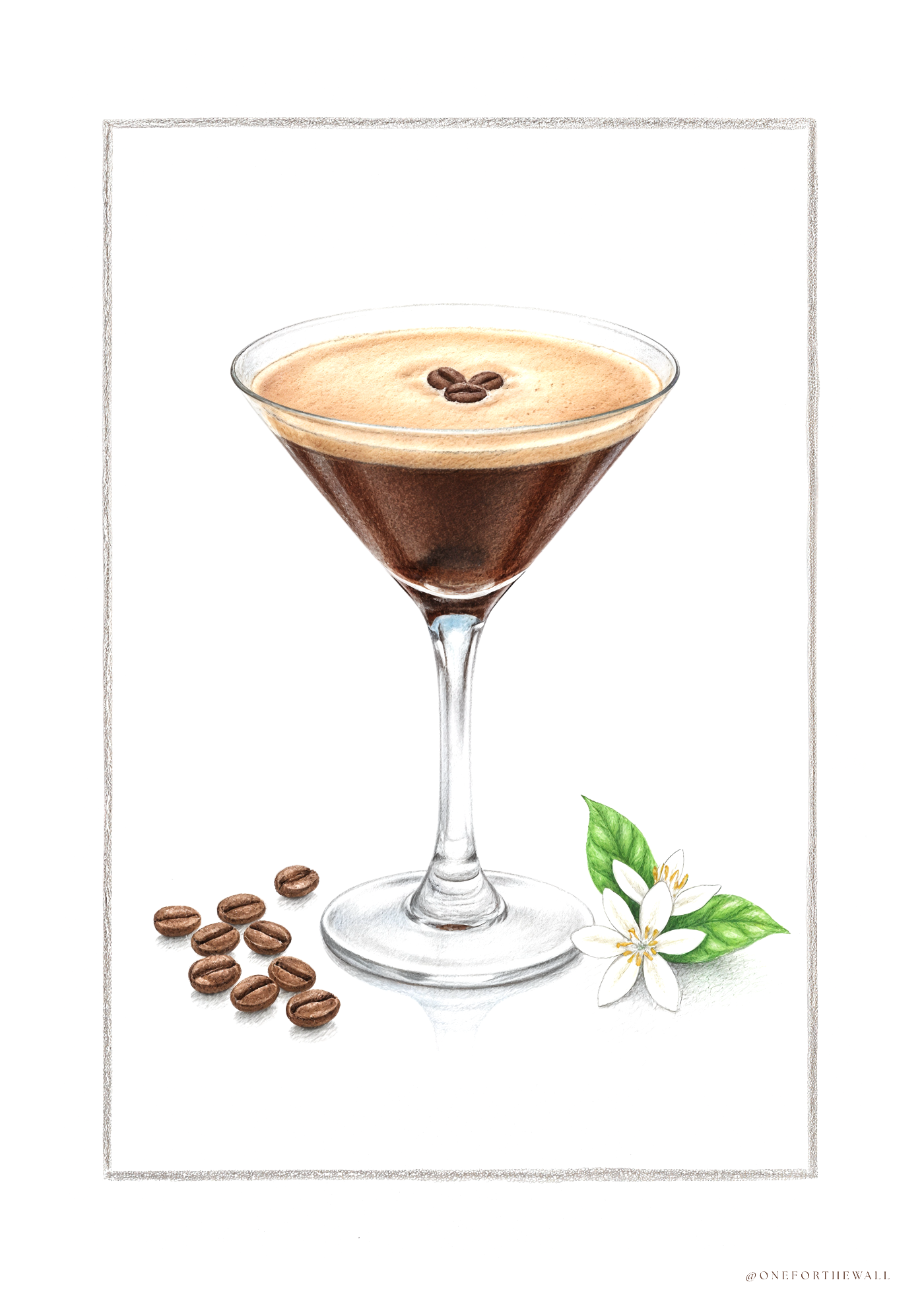 Espresso Martini plakat med håndtegnet kaffe og kaffebønner – nordisk minimalistisk cocktailplakat