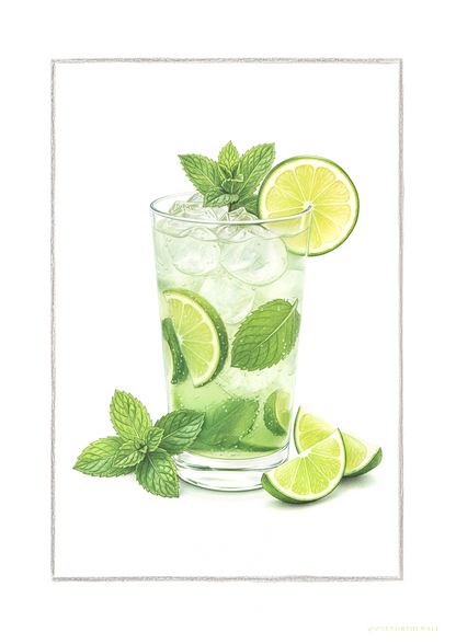 Mojito plakat med håndtegnet lime og mynte – nordisk minimalistisk cocktailplakat