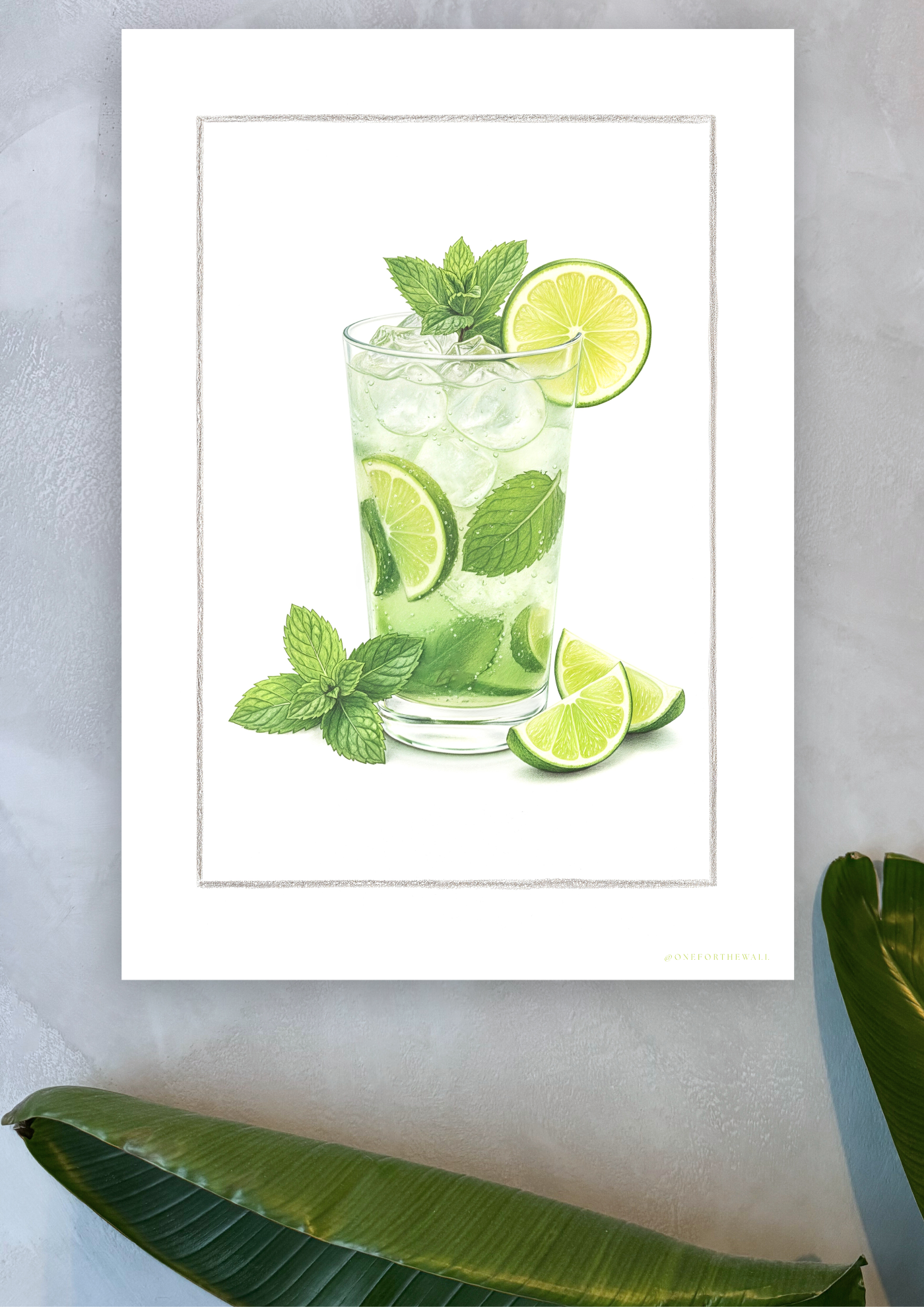 Mojito plakat hængt på blå kalkvæg – nordisk rustik indretning 