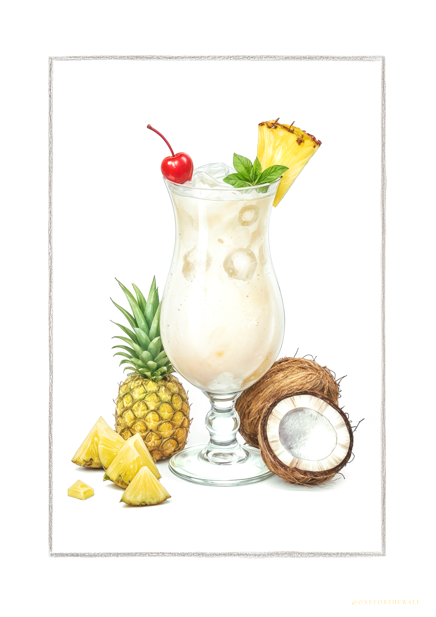 Piña Colada plakat med håndtegnet ananas og kokos – nordisk minimalistisk cocktailplakat