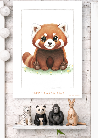 Rød panda-plakat med personlig tekst hængt op på nordisk børneværelse