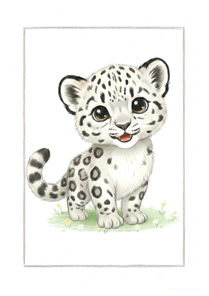 Illustreret sneleopardplakat til børneværelset – nordisk minimalistisk motiv