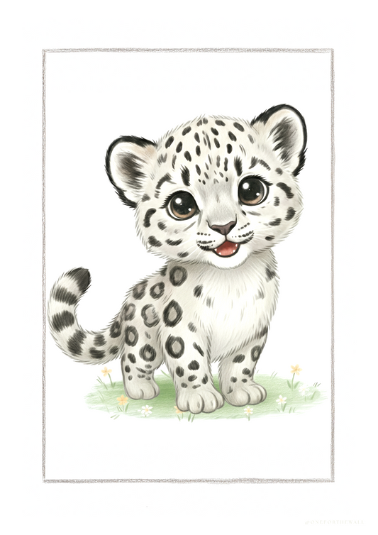 Illustreret sneleopardplakat til børneværelset – nordisk minimalistisk motiv