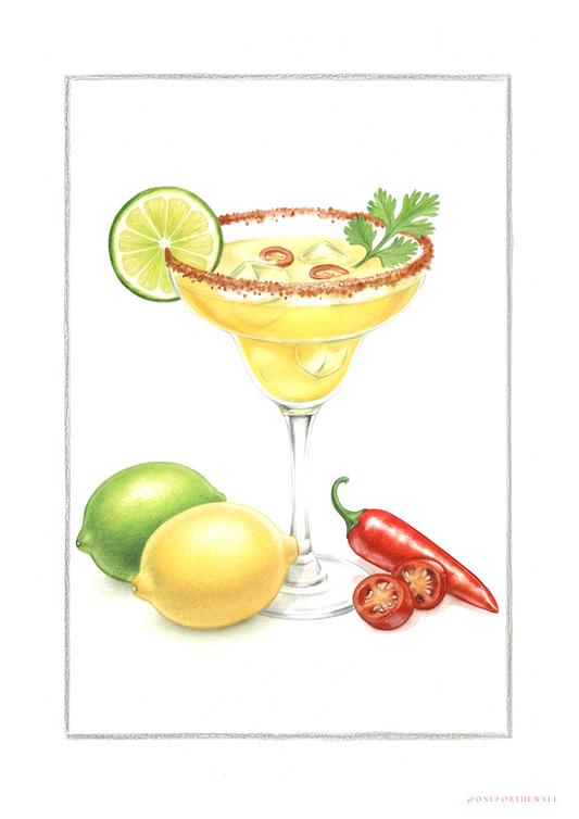 Spicy Margarita plakat med håndtegnet lime, chili og saltkant – nordisk minimalistisk cocktailplakat